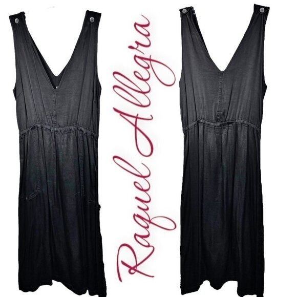 RAQUEL ALLEGRA Black V Neck Button Shoulder Midi Dress Elegant Minimalist Size 0